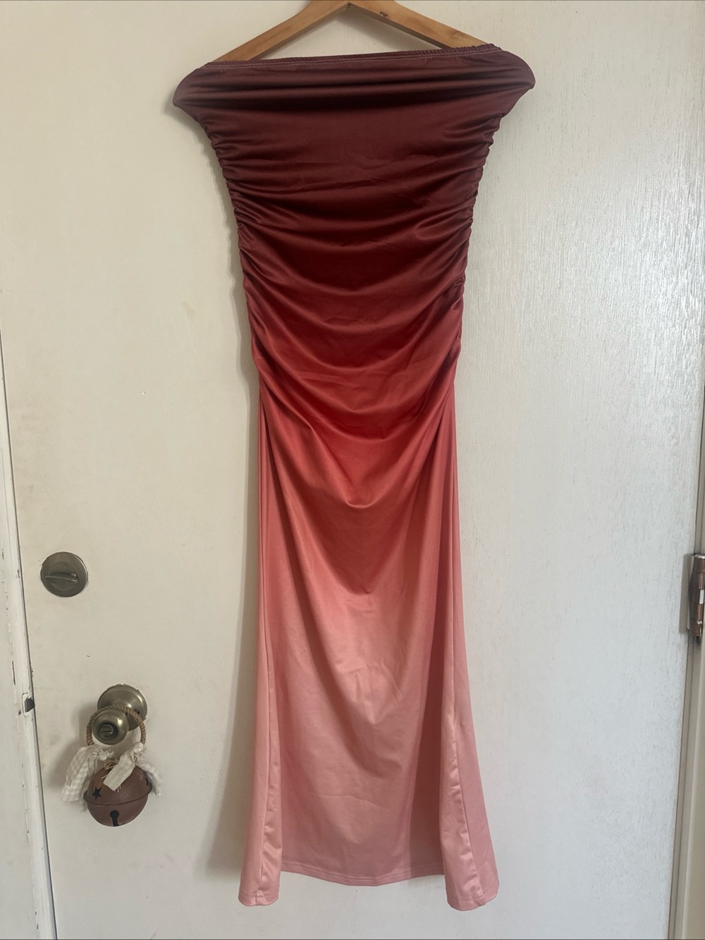 SHEIN Ombre Strapless Ruched Maxi Dress - Burgundy to Pink